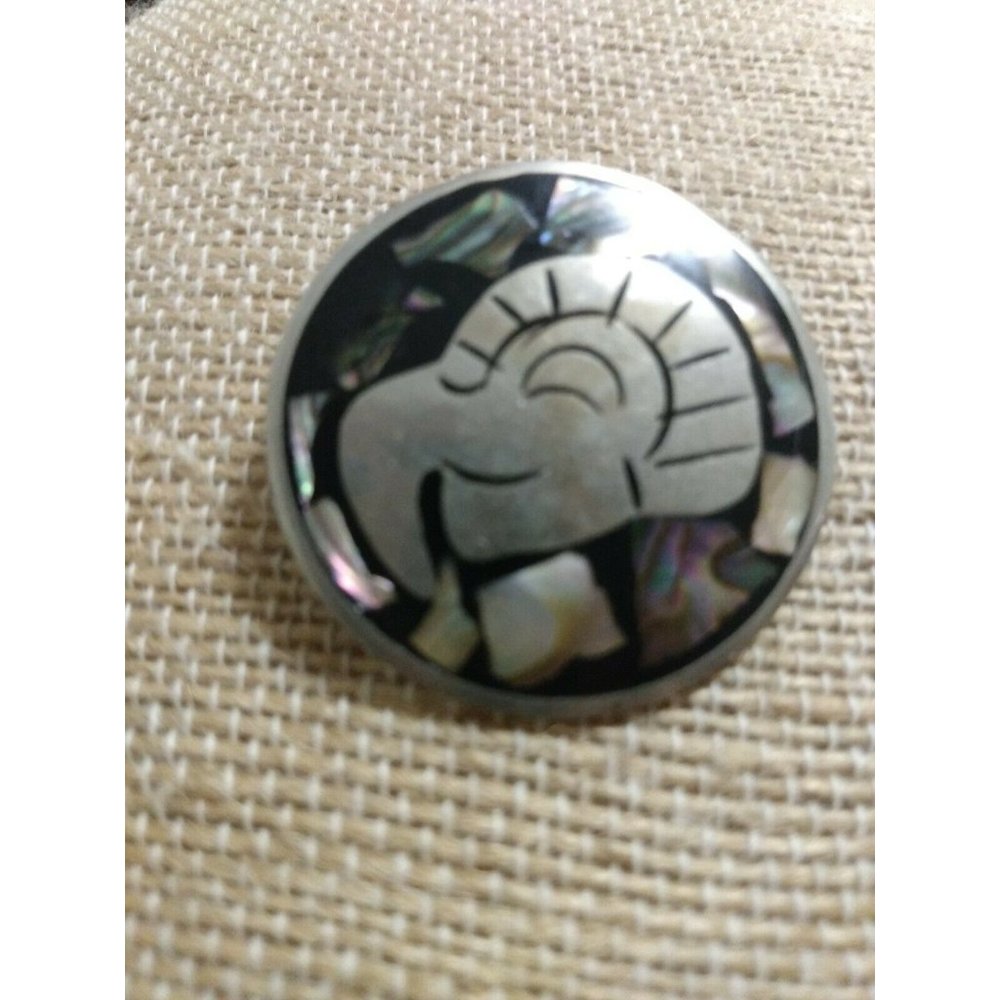 vintage Mexico alpaca Mayan God pendant brooch abalone enamel black round